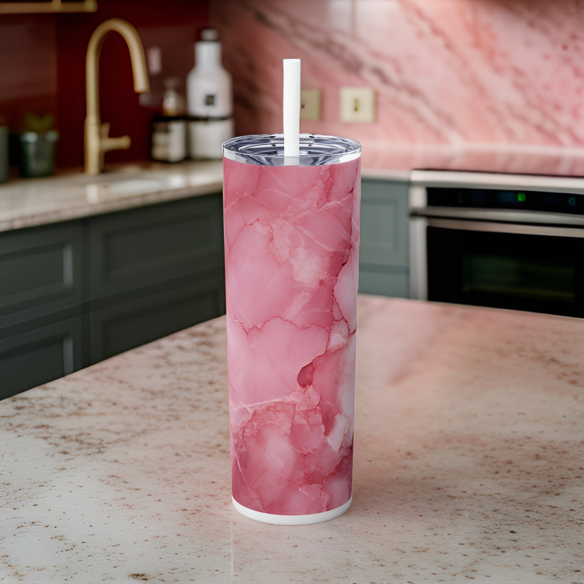 Pink Marble 20oz Stainless Steel Skinny Tumbler with Lid & Straw Color White - Dyborn Designs
