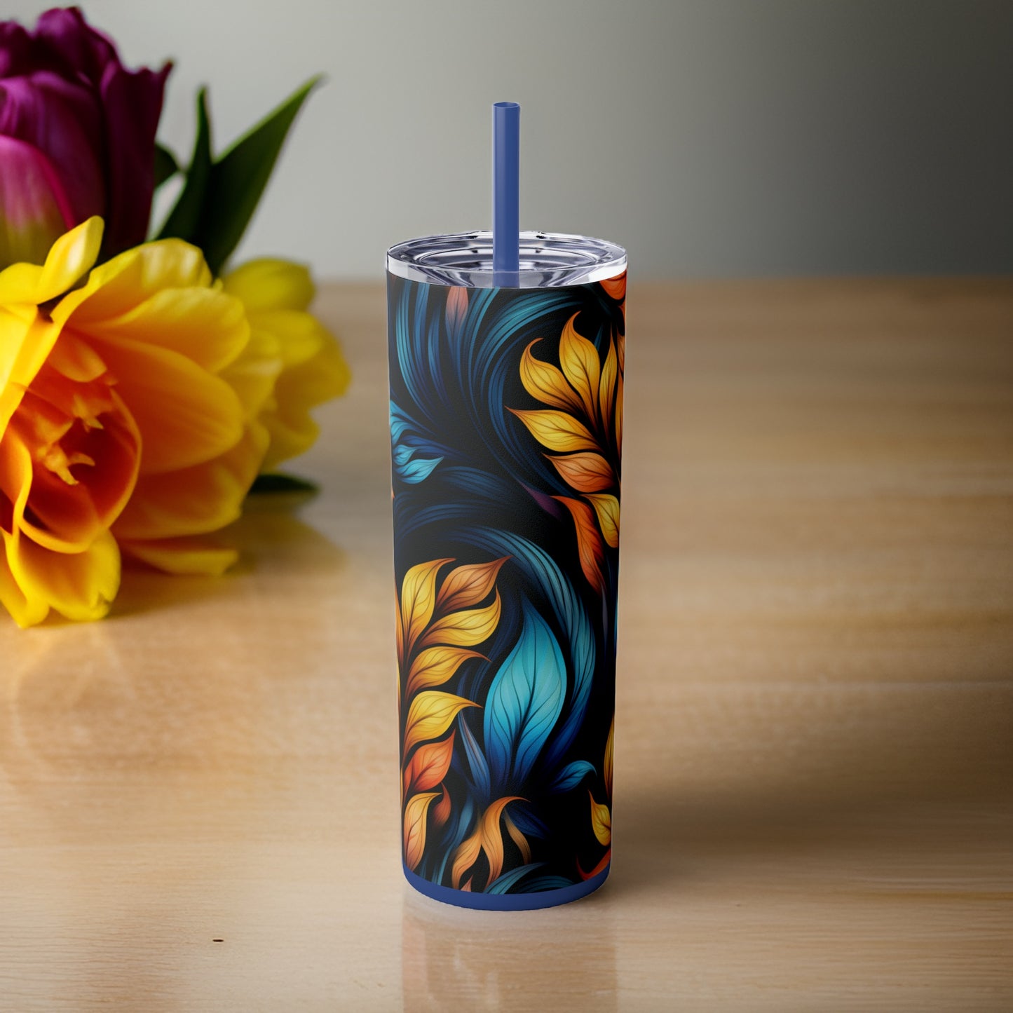 Resting Laurels 20oz Stainless Steel Skinny Tumbler with Lid & Straw Color Nautical Blue - Dyborn Designs