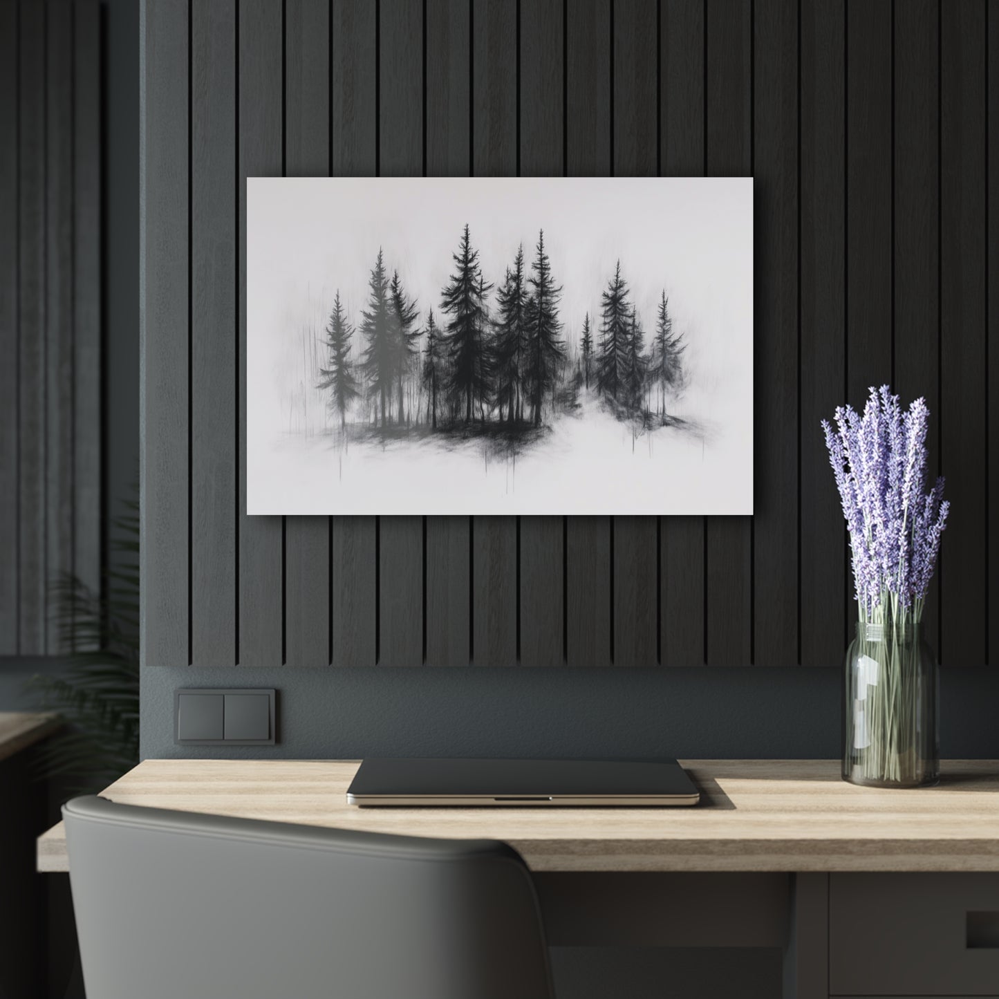 Shadowed Pines - Modern Minimalist Acrylic Wall Art - 30 x 20 Inch - Dark Mock Up - Dyborn Designs