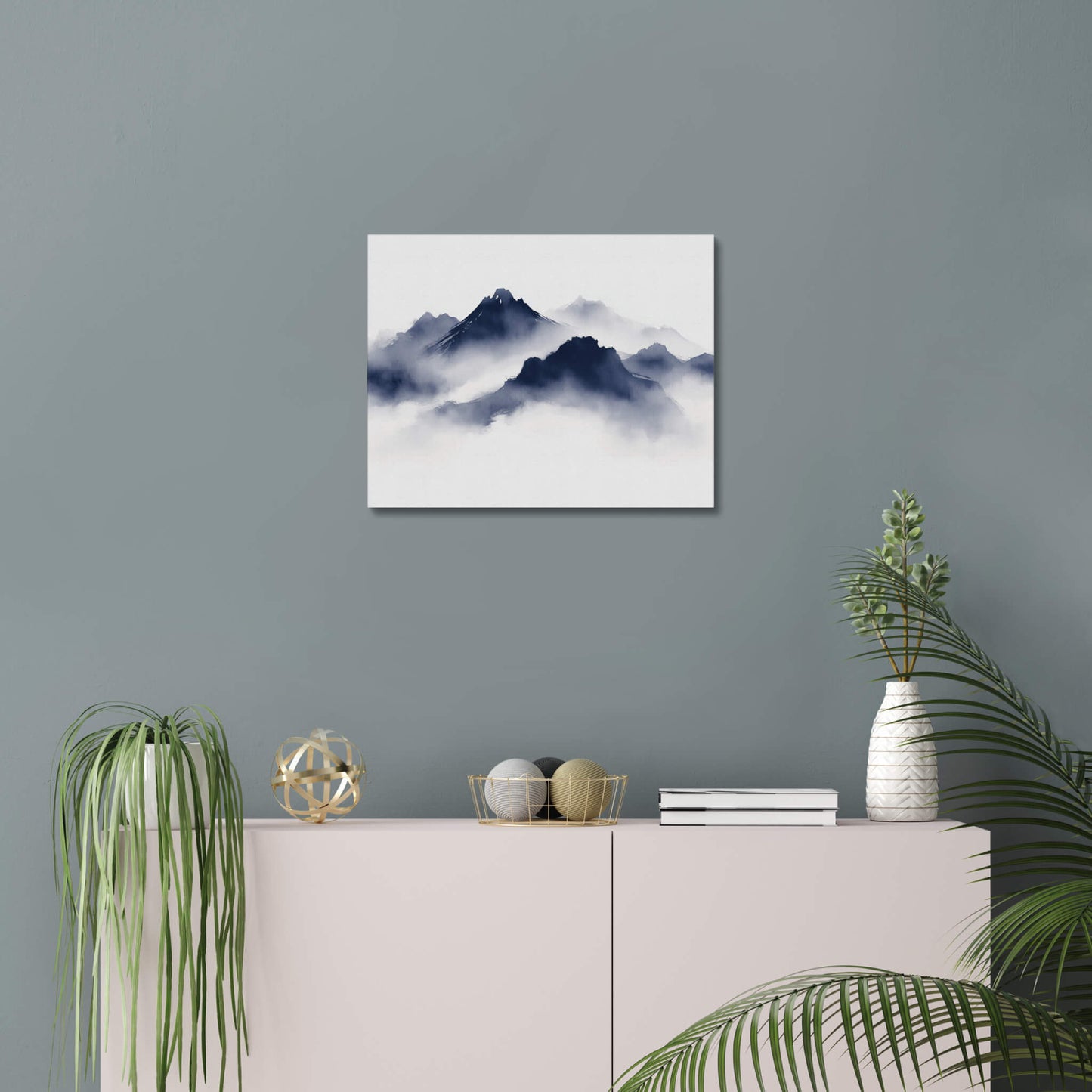 Shrouded Peaks - Modern Minimalist Acrylic Wall Art - 20 x 16 Inch - Blue Mock Up - Dyborn Designs