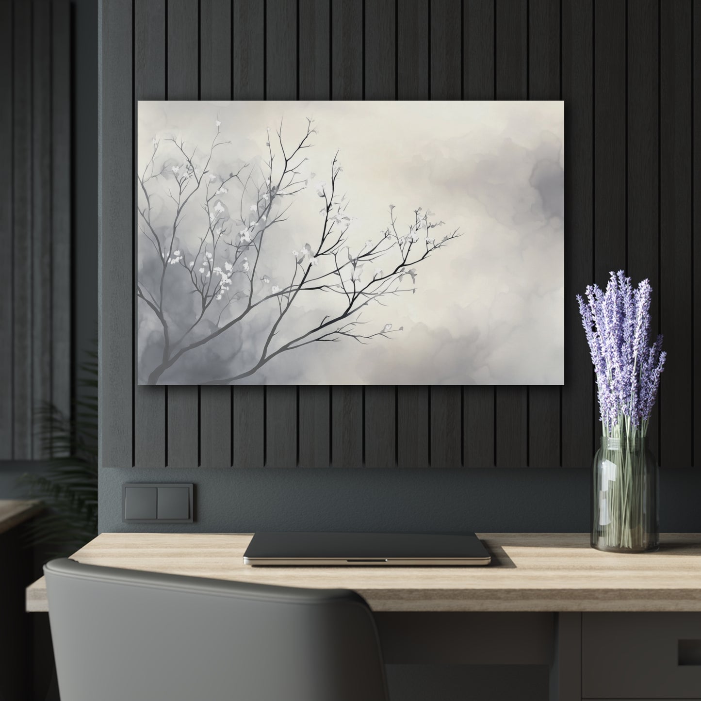 Snowlight Bloom - Modern Minimalist Acrylic Wall Art - 36 x 24 Inch - Dark Mockup - Dyborn Designs