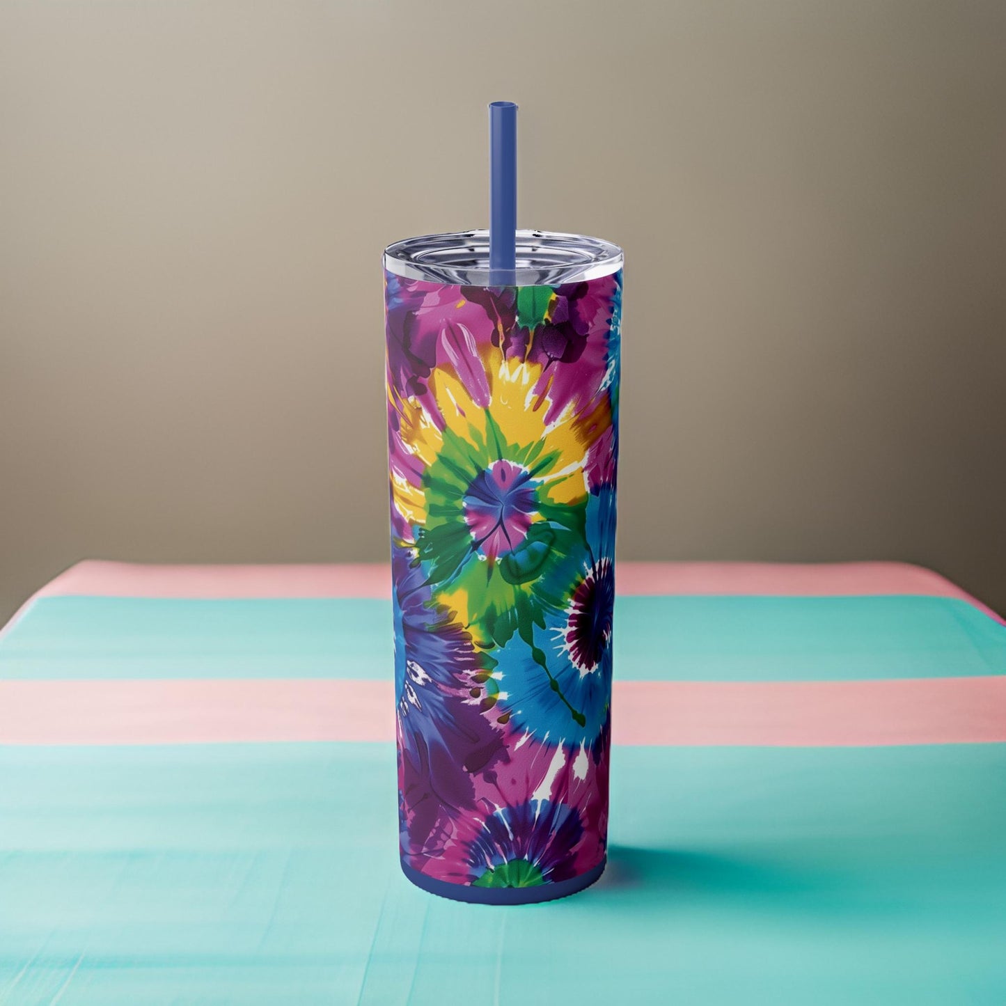 Tie-Dye Splash 20oz Insulated Stainless Steel Skinny Tumbler with Lid and Straw Color Nautical Blue - Dyborn Designs