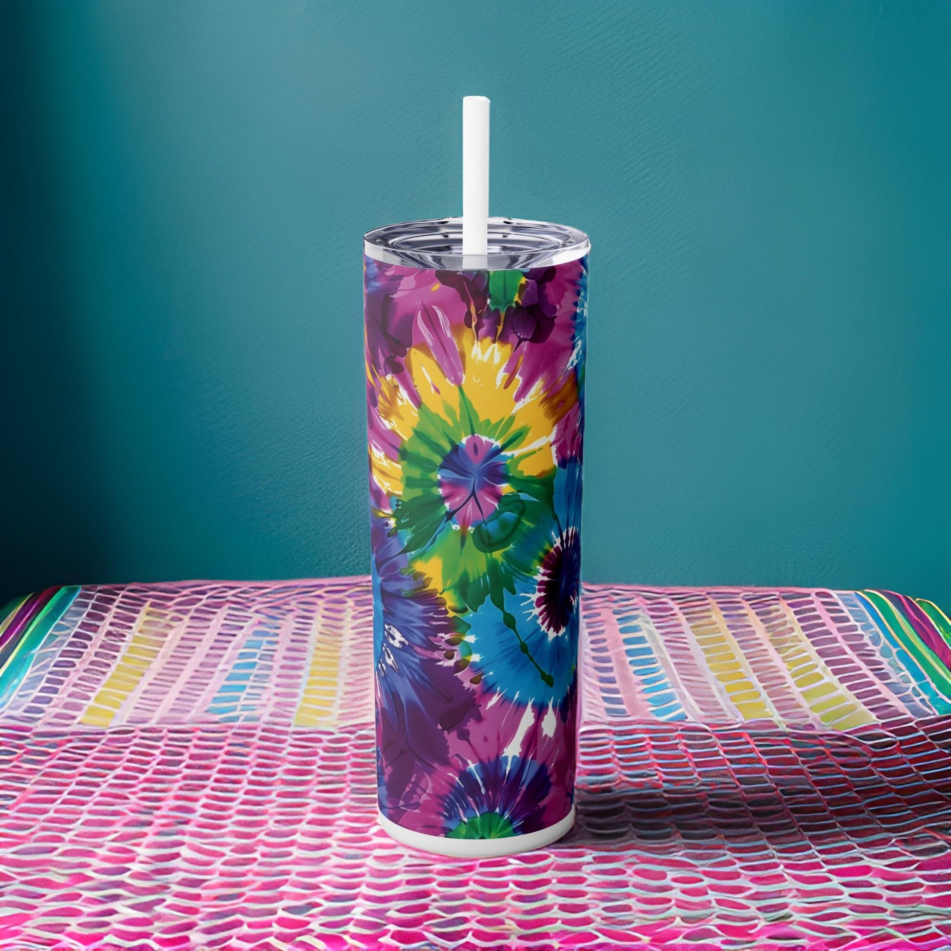 Tie-Dye Splash 20oz Insulated Stainless Steel Skinny Tumbler with Lid and Straw Color White - Dyborn Designs