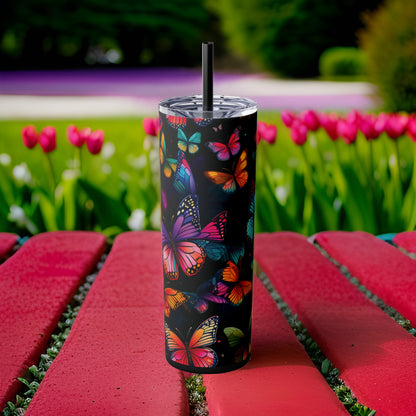 Vivid Butterflies 20oz Stainless Steel Skinny Tumbler with Lid & Straw Color Midnight - Dyborn Designs