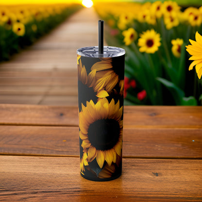 Yellow Sunflowers 20oz Stainless Steel Skinny Tumbler with Lid & Straw Color Black - Dyborn Designs